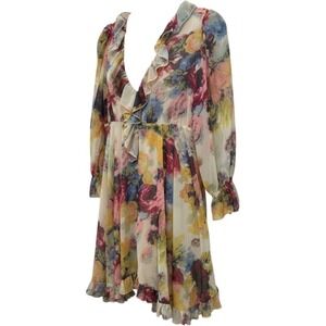 O.P.T. One Pretty Time Floral Ruffle Dress Womens L Multicolor Sheer Long Sleeve